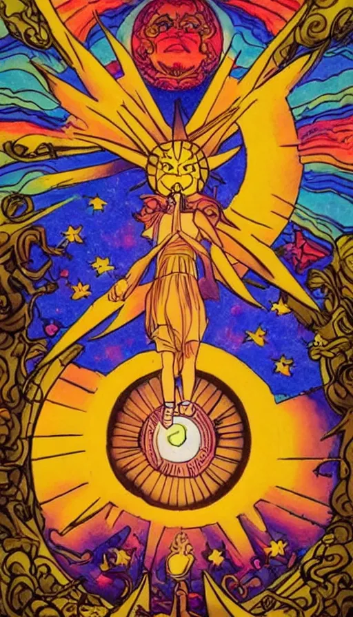 Image similar to the sun, art, anime, bright light, positive vibes based on the Tarot card The Sun