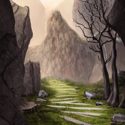 Image similar to a long winding pathway with deep cliffs on both sides, with a mysterious dark castle at the of the path, digital art, 8 k, concept art, trending on artstation