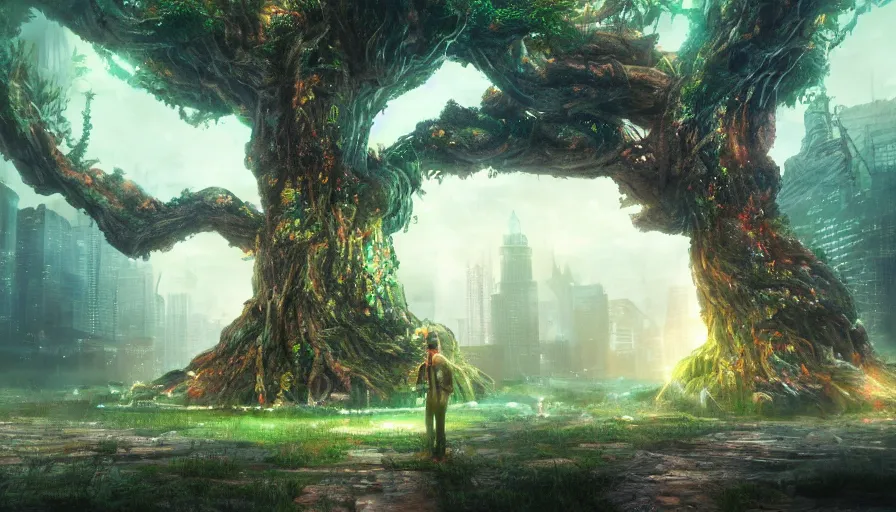 Image similar to ben lo illustration of the largest tree in the world under invisible force field, bioshock concept art, solarpunk, hopeful, colorful, unreal engine, hyper realism, realistic shading, cinematic composition, realistic render, octane render, detailed textures, photorealistic, wide shot