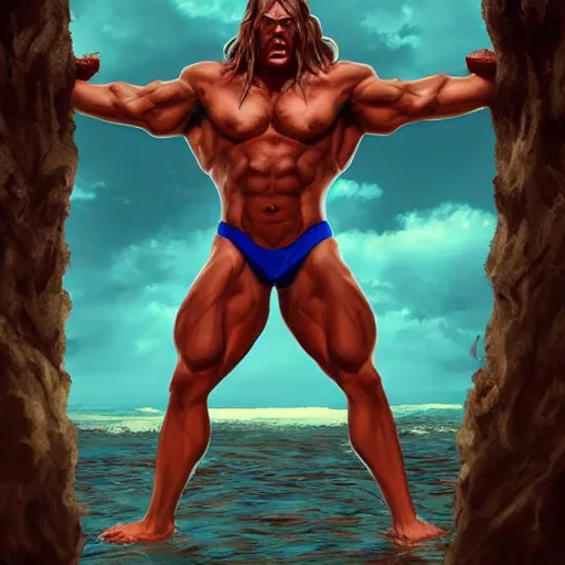 Prompt: male bodybuilder Satan wears a swimming trunks ,devil,satan, hell, landscape, environment, artstation