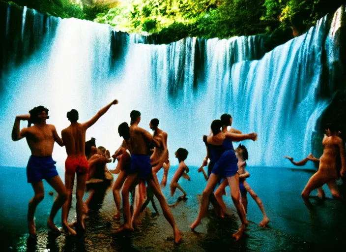 Image similar to people dancing under a waterfall highly detailed sharp zeiss lens 3 5 mm kodachrome film masterpiece ryan mcginley moonmilk cave with blue ambient lighting