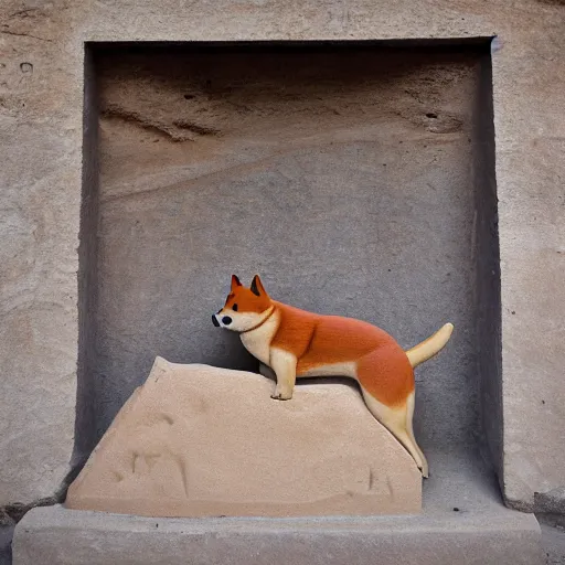 Image similar to happy shiba inu dog carving on the wall of an ancient egyptian tomb