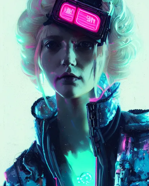 Prompt: detailed portrait neon operator lady, blonde short messy curls, cyberpunk futuristic, neon, reflective puffy coat, decorated with traditional japanese by ismail inceoglu dragan bibin hans thoma greg rutkowski alexandros pyromallis nekro rene margitte, illustrated, perfect face, fine details, realistic shaded, fine - face, pretty face