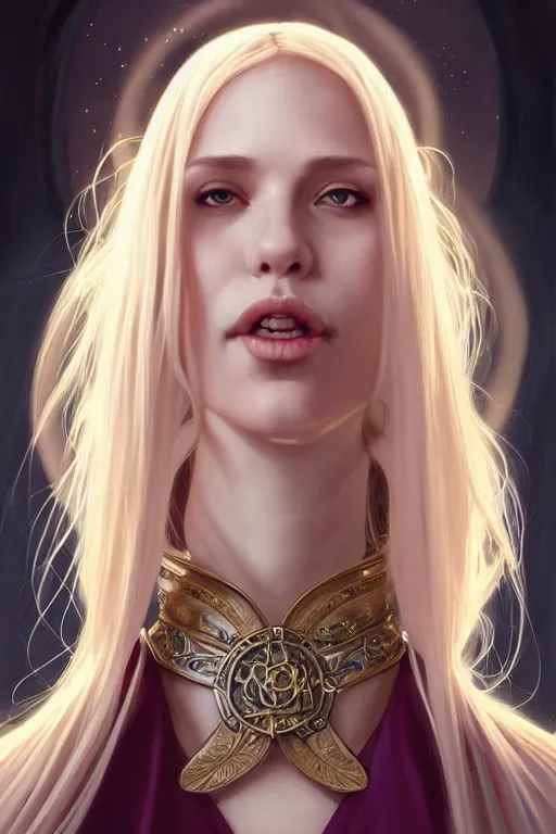 Image similar to Portrait of seductive female priest, D&D, revealing stylish dress, choker on neck, long blonde hair, mouth slightly open, slight nerdy smile, fantasy, intricate, elegant, highly detailed, digital painting, artstation, concept art, smooth, sharp focus, illustration, art by artgerm and greg rutkowski and alphonse mucha