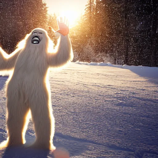 Prompt: realistic photo scene of a friendly and cheerful yeti waving at the camera, snowy scene, morning sunlight