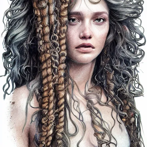 Image similar to full body sketch of a beautiful young medusa with hair made of snakes, perfect anatomy, full body, watercolor background, pencil art, ink and pencil, hyperrealistic, hyperdetailled, digital art, greg rutkowski, artstation, 8 k, beautiful drawing, paper texture, spray paint, watercolors