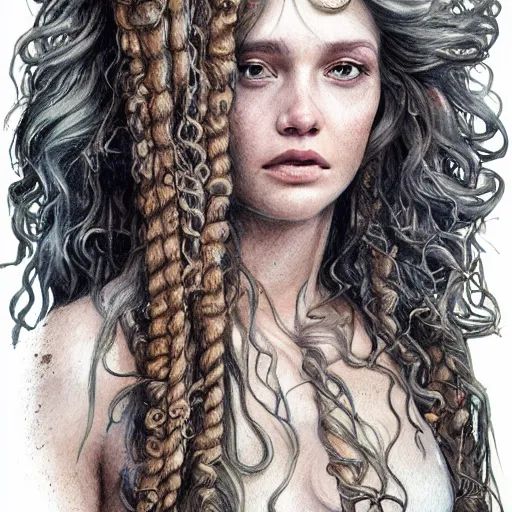 Prompt: full body sketch of a beautiful young medusa with hair made of snakes, perfect anatomy, full body, watercolor background, pencil art, ink and pencil, hyperrealistic, hyperdetailled, digital art, greg rutkowski, artstation, 8 k, beautiful drawing, paper texture, spray paint, watercolors