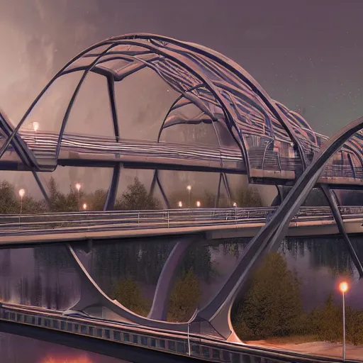 Prompt: futuristic provencher bridge in winnipeg, david a. hardy, victor einrich, gregory crewdson, ian mcque, mike winkelmann, simon stalenhag,