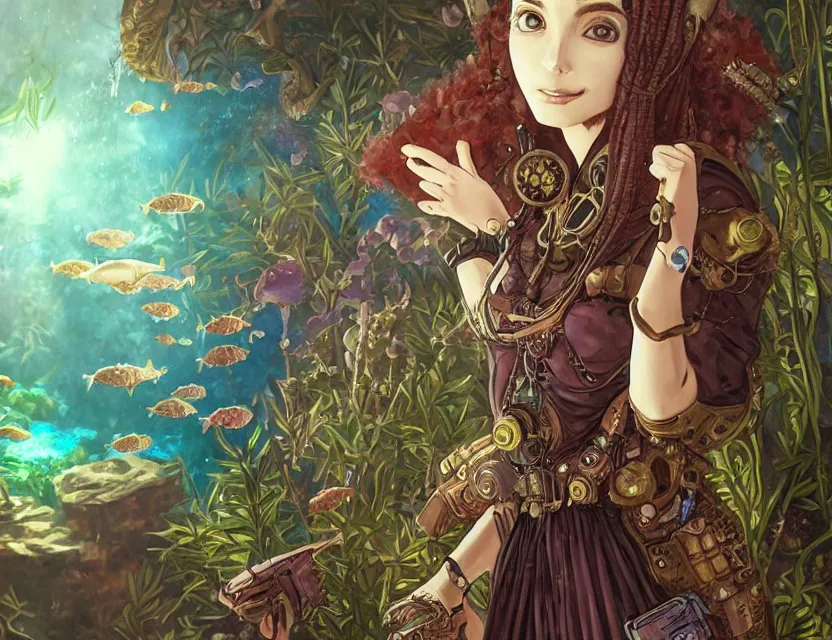 Prompt: middle eastern scifi princess in a planted aquarium, wearing a lovely dress with steampunk elements. this oil painting by the award - winning mangaka has an interesting color scheme and impeccable lighting.