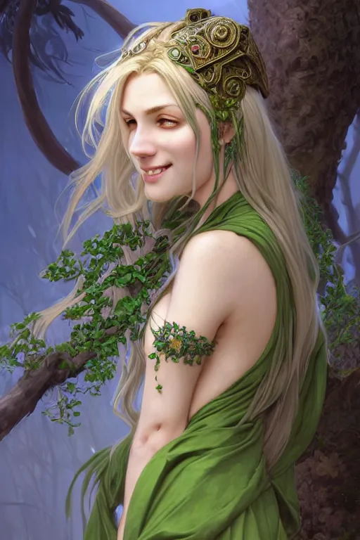 Image similar to Portrait of seductive female druid, D&D, revealing green stylish dress, choker on neck, very long flowing hair, mouth slightly open, cute slightly nerdy smile, fantasy, intricate, elegant, stylish, highly detailed, digital painting, artstation, concept art, smooth, sharp focus, illustration, art by artgerm and greg rutkowski and alphonse mucha