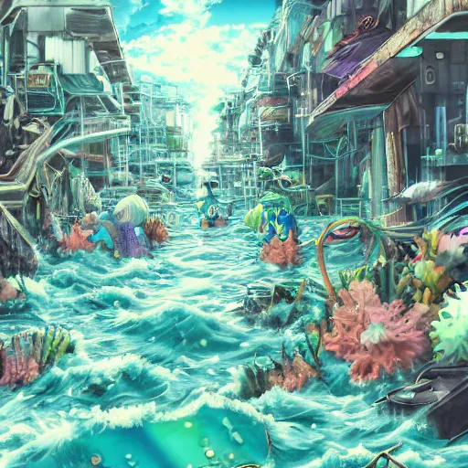 Prompt: painted anime background of a flooded underwater slums shopping district located by a waterfall and built from various sea shells and corals and being reclaimed by nature, seaweed, light diffraction, litter, steampunk, cyberpunk, cool colors, caustics, anime, vhs distortion, shot underwater looking up, inspired by splatoon by nintendo, art created by miyazaki