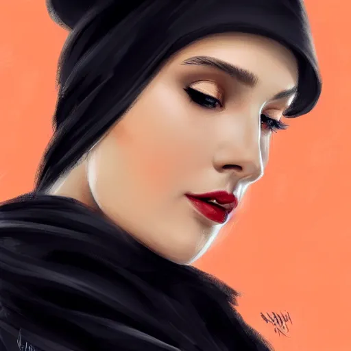 Image similar to beautiful woman in a black dress, full length photo, wearing a white hat and a red scarf, head bowed slightly, looking mischievously and mysteriously at the camera, wavy blond hair, knees upturned, very beautiful woman, 4k highly detailed, digital painting, artstation, concept art, matte, sharp focus, illustration, art by Artgerm and Greg Rutkowski and Alphonse Mucha