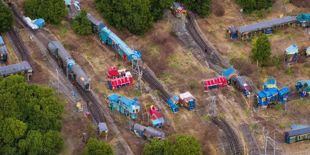 Image similar to aerial shot of a teddy bear train station, professional photography,