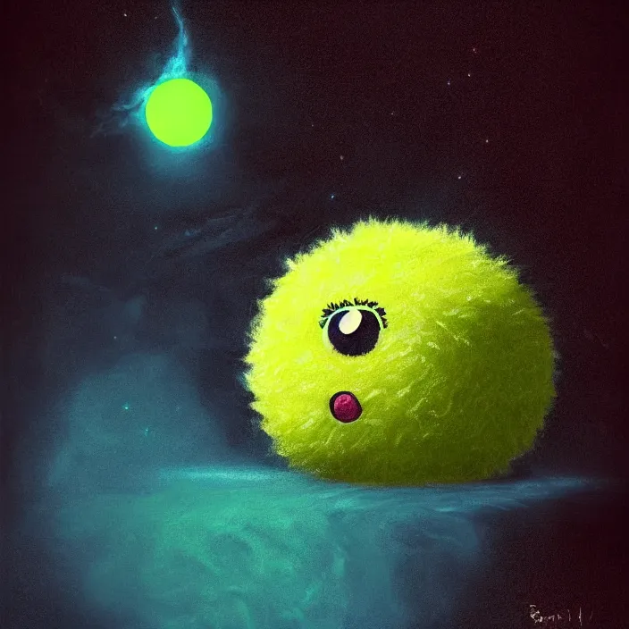 Prompt: cinematic portrait of a cute tennis ball monster in the abyss of space, chalk, masterpiece, trending on artstation, featured on pixiv, cinematic composition, dramatic pose, beautiful lighting, sharp details, hyper-detailed, HD, HDR, 4K, 8K, art by Basil Gogos