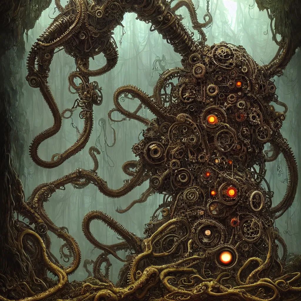Image similar to biomechanical steampunk creature with robotic parts and big octopus head and (glowing) eyes guarding an ancient cave entrance with lush vegetation in a mystic forest, gothic and baroque, brutalist architecture, ultradetailed, creepy ambiance, fog, artgerm, giger, Intricate by Ellen Jewett and Josan Gonzalez and Giuseppe Arcimboldo