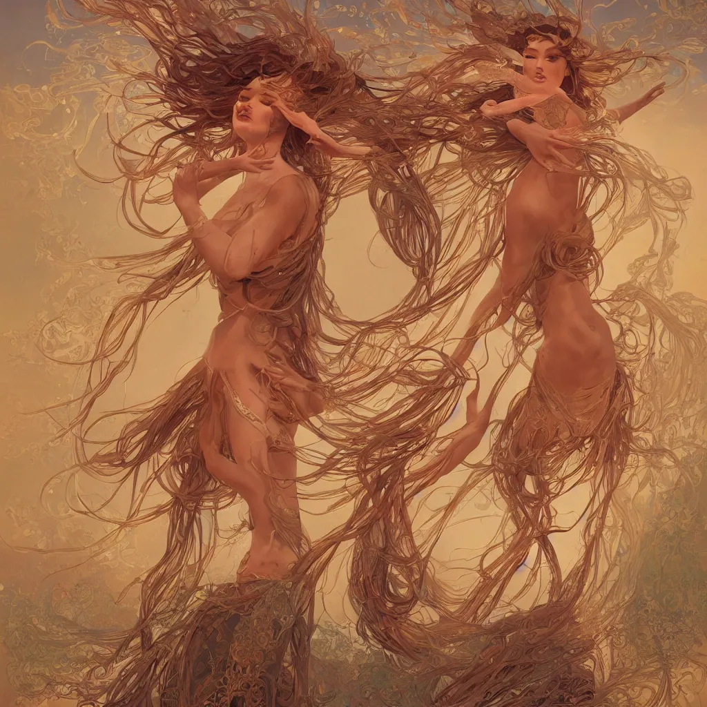 Prompt: glowing goddess dancing in the desert, professional models, symmetrical face, fantasy, surreal, intricate and very beautiful and elegant, highly detailed, digital painting, trending on artstation, concept art, smooth and sharp focus, illustration, art by tan zi and ayanamikodon and alphonse mucha and wlop