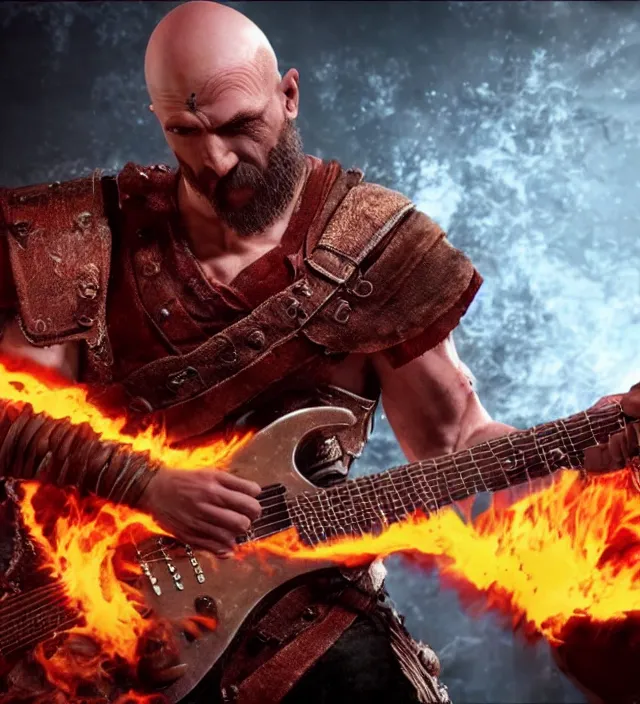 Image similar to kratos shredding on a flaming stratocaster guitar, cinematic render, god of war 2 0 1 8, santa monica studio official media, lightning, stripe over eye