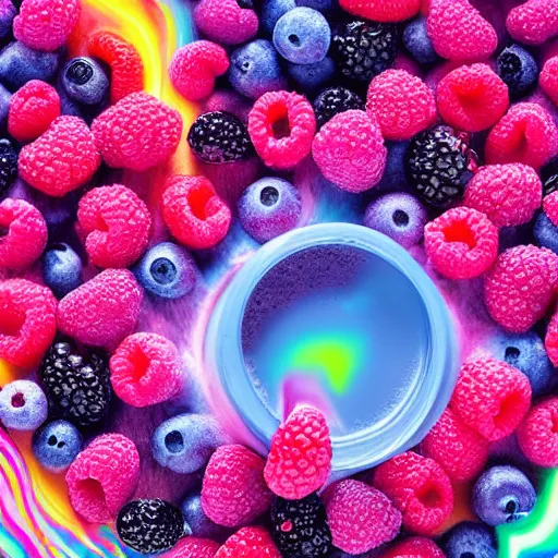 Image similar to raspberry, blueberry, vanilla smoothie explosion, intricate complexity, inverted neon rainbow drip paint, trending on art station, photoreal, 8 k, octane render