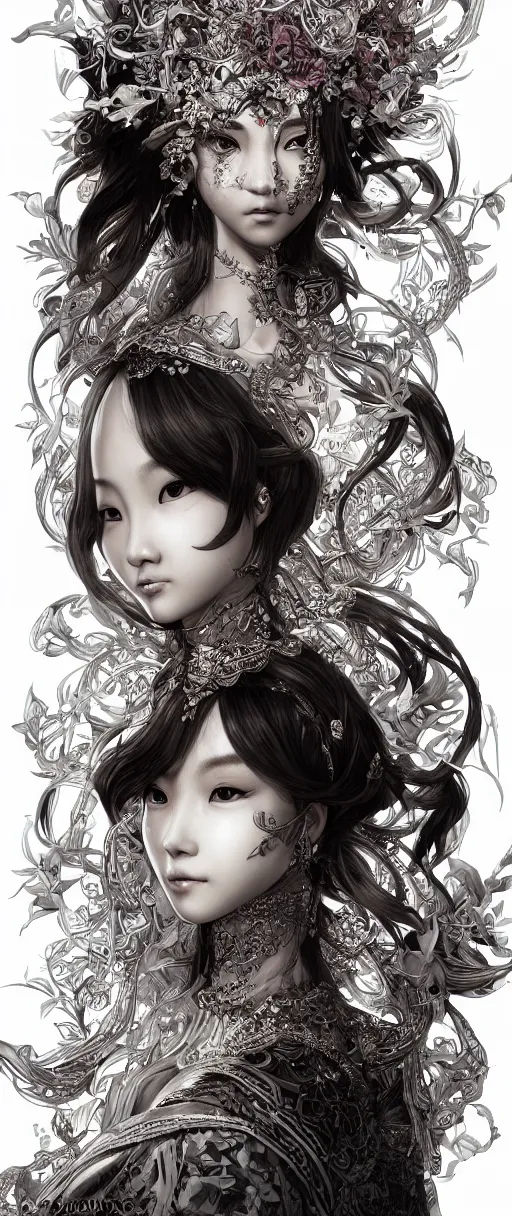 Image similar to the portrait of an absurdly beautiful, graceful, elegant, sophisticated, fashionable young asian girl with third eye, an ultrafine hyperdetailed illustration by kim jung gi, irakli nadar, intricate linework, bright colors, final fantasy, unreal engine 5 highly rendered, global illumination, radiant light, detailed and intricate environment