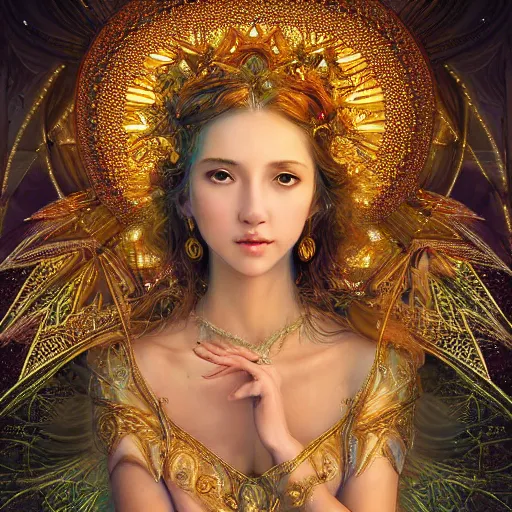 Image similar to highly detailed digital painting portrait of a beautiful goddess by wlop, bright light emerging from her eyes, with small diadem, with lots of thin ornaments, curves and chaotic fractal art inlays, intricate, 8 k, golden aura, cinematic light, background atmospheric effects, sparkles, light rays, mixed with mucha style