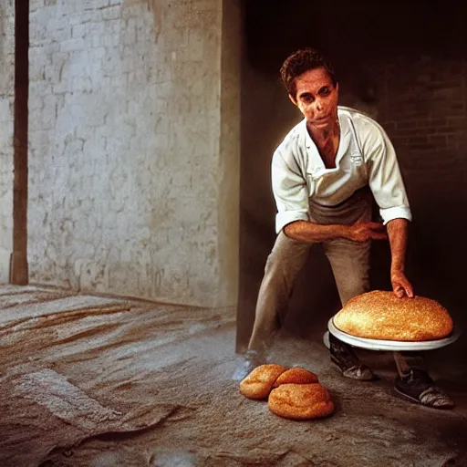 Prompt: portrait of a baker fighting bread trying to escape the oven, by Steve McCurry and David Lazar, natural light, detailed face, CANON Eos C300, ƒ1.8, 35mm, 8K, medium-format print