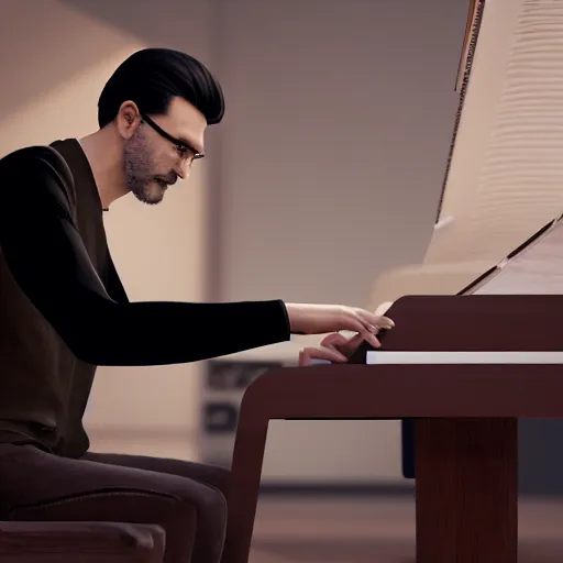 Prompt: a photorealistic photograph of a tall and handsome kidney transplant expert playing the piano. Trending on Artstation, featured on Behance, well-rendered, Unreal Engine, 4K HD