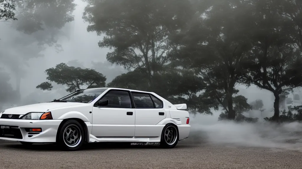 Image similar to toyota sprinter trueno 3 door gt - apex with pop - up headlights, cinematic, nikon d 7 5 0, long exposure, white balance, 8 k, led, lumen global illumination, fog, ray tracing reflections, fxaa, rtx, post - production