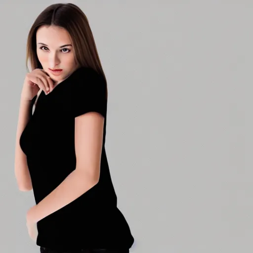 Image similar to clear photorealistic mockup product photograph of a blank black tshirt on an attractive female model in front of a living room background - h 7 0 4