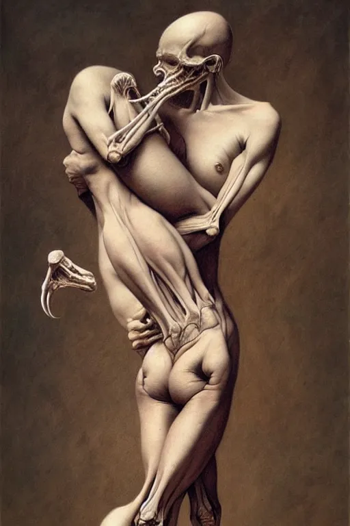 Image similar to human calf and tibia artists anatomy in the style of wayne barlowe, gustav moreau, goward, bussiere, roberto ferri, santiago caruso, luis ricardo falero, dali