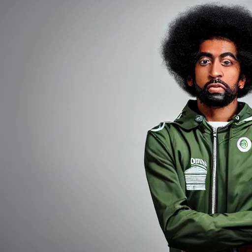 Prompt: photograph of a black man with afro hair and stubble wearing an adidas army green jacket ( ( ( the size of a tower ) ) ), looming over dublin