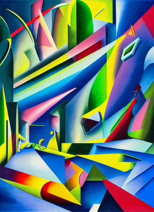 Prompt: A surreal neon painting of Zaha hadid 3d kandinsky cityscape made of cubism futuristic picasso rooms in 3 point perspective by Vladimir kush and dali and kandinsky, 3d, realistic shading, complimentary colors, vivid neon colors, aesthetically pleasing composition, masterpiece, 4k, 8k, ultra realistic, super realistic