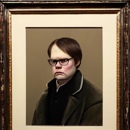 Image similar to portrait of dwight schrute at a halloween party, as painted by augustus edwin mulready and hendrik kerstens