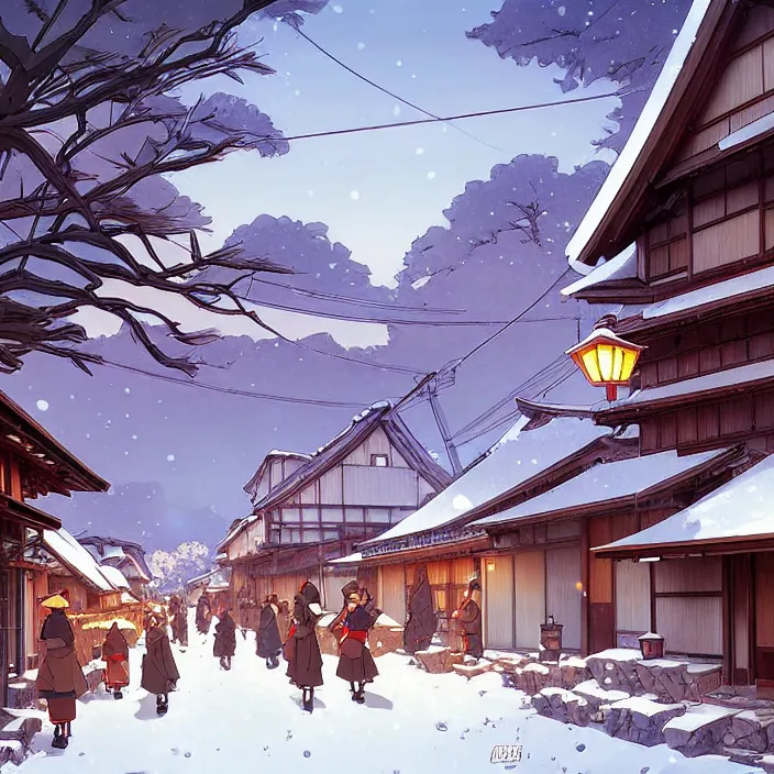 Image similar to japanese rural town, winter, in the style of studio ghibli, j. c. leyendecker, greg rutkowski, artem