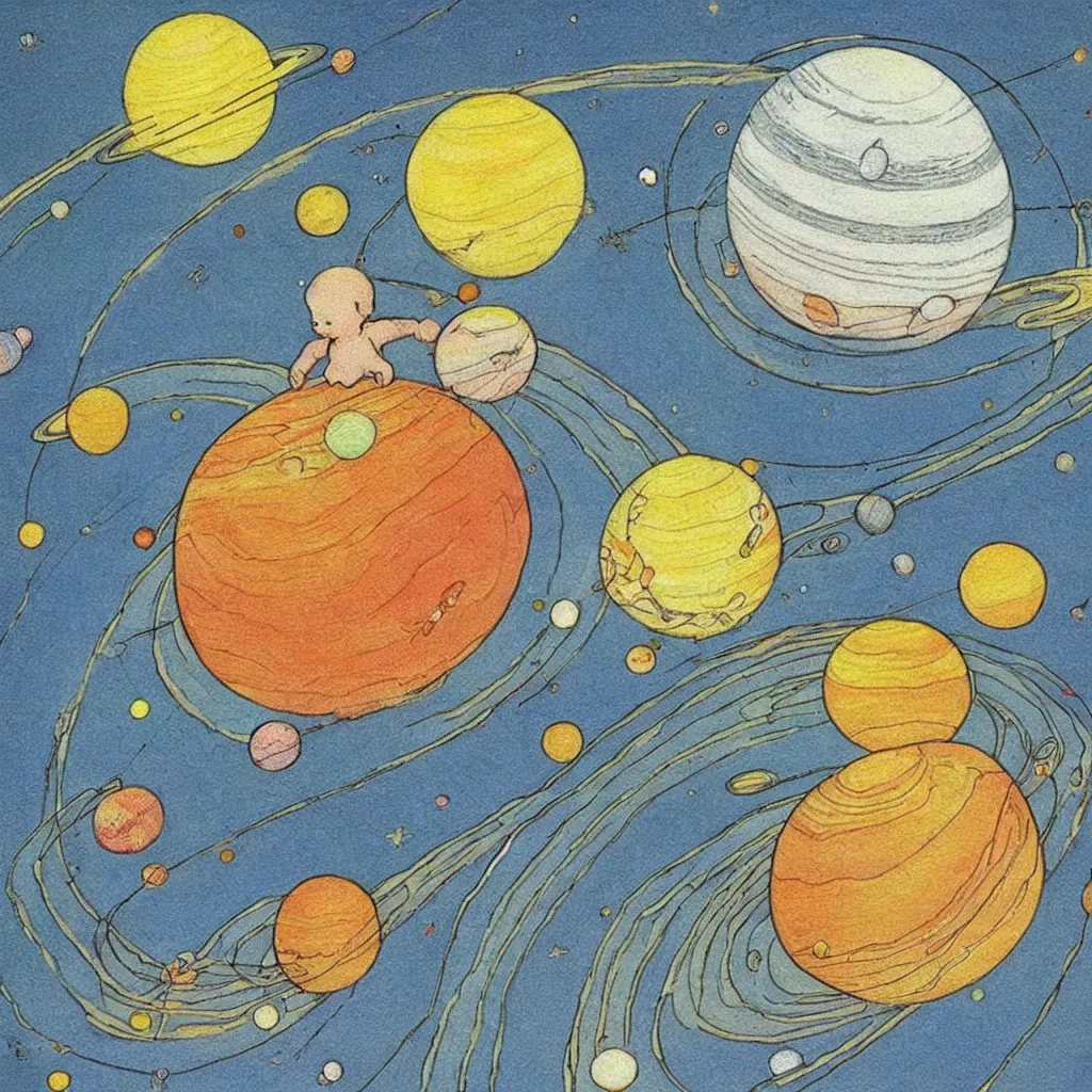 Prompt: saturn, cute, art print, full frame, solar system, lithography, baby room, by elsa beskow