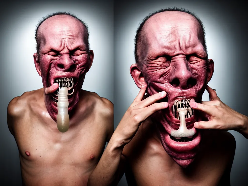 Prompt: a perfect colour horrifying portrait photograph of a man with 7 million teeth. feet growing from his ears, tubes emerging from his nostrils and mouth. bulbous weeping blisters. perfect focus, studio lighting, gallery setting. inspired by chinese atomic weapon testing