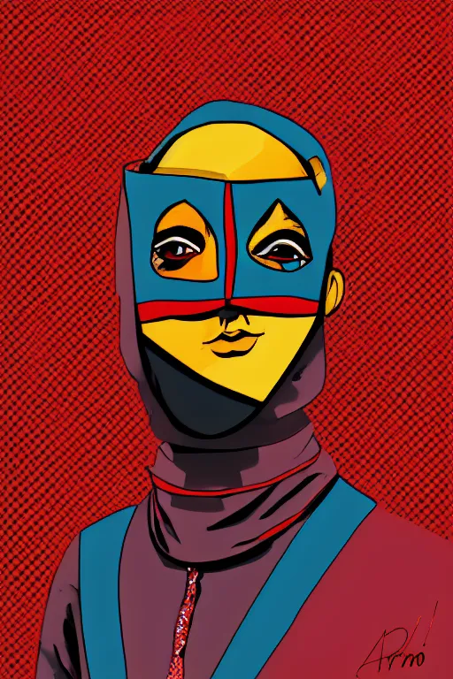 Image similar to random masked guy with blouse, pop art, aesthetic art, 8 k, asymmetrical, high details, digital painting, concept art, smooth, beautiful, full body perfect, sharp focus, illustration, intricate, art by arstation and mimmo rottela, pixels art by paul robertson