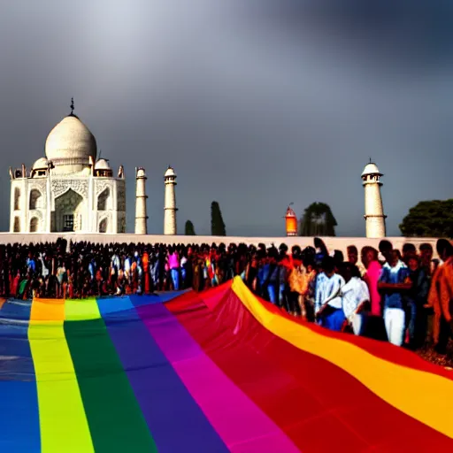 Prompt: photo of crowd of men wearing leather clothes with rainbow flags dancing at ( ( ( ( taj mahal ) ) ) ), well framed, sharp focus, 8 k, beautiful, award winning photo, highly detailed, intricate, centered, soft clouds