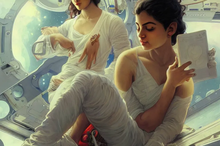 Image similar to Sensual good looking pale young Indian doctors wearing jeans in a space station above Earth performing surgery, portrait, elegant, intricate, digital painting, artstation, concept art, smooth, sharp focus, illustration, art by artgerm and greg rutkowski and alphonse mucha