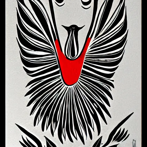 Image similar to a bird rising above the flames, mexican folk art, native american folk art, relief engraving, framed art, very simple, extremely abstract, deep black shading, mild expressionism, award winning