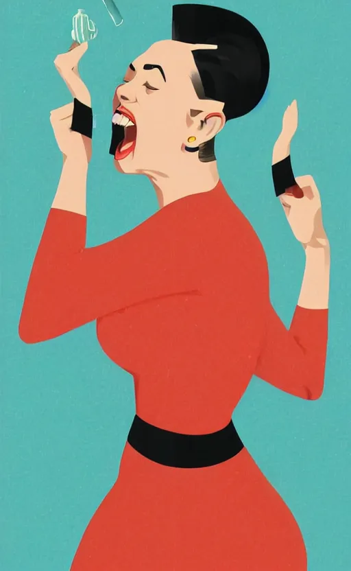 Image similar to illustration portrait of a woman with white buzzcut laughing out loud, art deco painting by tom whalen, by tomer hanukam funny meme photo, trending on behance, digital illustration, storybook illustration, grainy texture, flat shading, vector art, airbrush, pastel, watercolor, poster