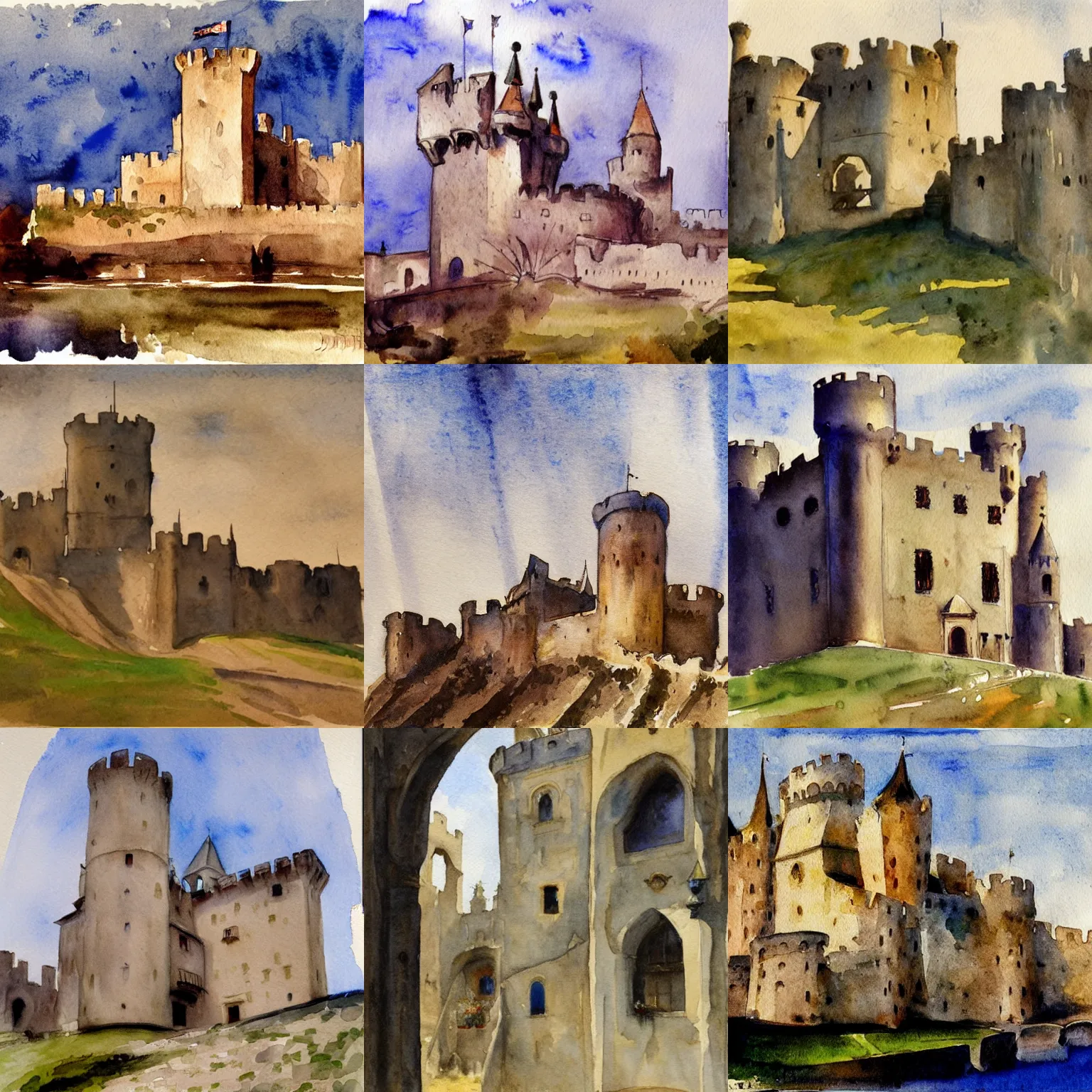 Prompt: medieval castle, watercolor by john singer sargent