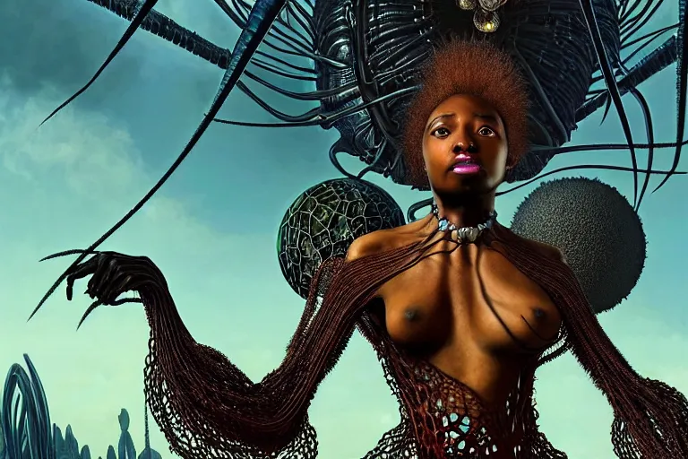 Prompt: realistic detailed closeup portrait movie shot of a beautiful black woman riding a giant spider, dystopian city landscape background by denis villeneuve, amano, yves tanguy, alphonse mucha, max ernst, kehinde wiley, ernst haeckel, caravaggio, roger dean, cyber necklace, rich moody colours, sci fi patterns, wide angle