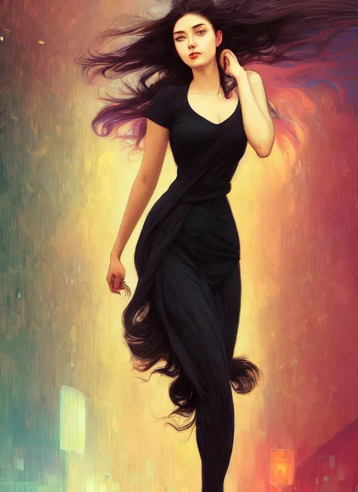 Image similar to handsome young women with shoulder length black hair, half body shot, path traced, highly detailed, high quality, digital painting, alena aenami, lilia alvarado, shinji aramaki, karol bak, alphonse mucha, tom bagshaw, hd, 8 k
