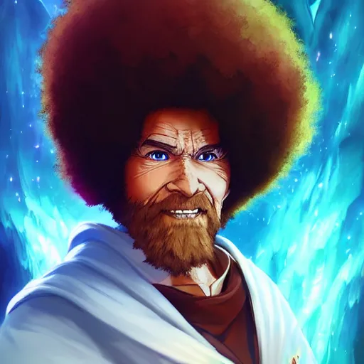 Image similar to anime portrait of Bob Ross as a shaman yedi using dark force to eliminate trump as an anime antagonist by Stanley Artgerm Lau, WLOP, Rossdraws, James Jean, Andrei Riabovitchev, Marc Simonetti, and Sakimichan, trending on artstation