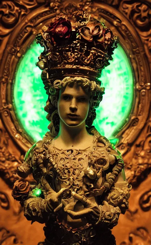 Image similar to a young handsome latino porcelain prince sculpture with a face of a CRT monitor and a large glowing orange crystal in the center of his chest, full-body bronze cyberpunk style statue of Andromeda with glowing green laser eyes, crown of mechanical roses, flowing aqua silk, fabric, steampunk flowers. baroque elements, human hands. full-length view. baroque element. intricate artwork by caravaggio. many flying horses on background. Trending on artstation, octane render, cinematic lighting from the right, hyper realism, octane render, 8k, depth of field, 3D