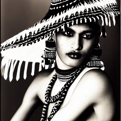 Image similar to a beautiful professional photograph by hamir sardar, herb ritts and ellen von unwerh for the cover of vogue magazine of an unusually handsome native male yanomami female fashion model looking at the camera in a flirtatious way, leica 5 0 mm f 1. 8 lens