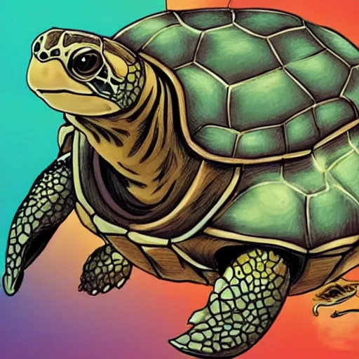 Image similar to turtle floating through space with a castle on it's back shell, Chris Pratt, comic