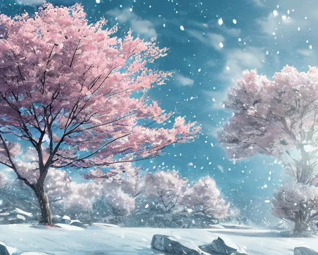 Prompt: snowy rocky field with a sakura tree, petals, cloudy, moodly lighting, snow in wind, illustration, by pine ( ハイネ ) and 薯 子 imoko and 香 川 悠 作 and wlop and maya takamura, highly detailed, trending artstation, pixiv, digital art