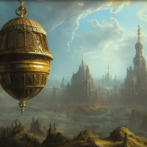 Image similar to enormous flying city in a faberge egg, sky, steampunk, fantasy art, masterpiece, hugh ferriss, unreal engine, andreas achenbach cloudy background, latticework