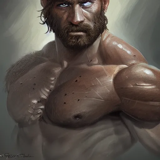 Image similar to portrait of a rugged ranger, muscular, upper body, hairy torso, D&D, fantasy, intricate, elegant, highly detailed, digital painting, artstation, concept art, smooth, sharp focus, illustration, art by Charles Sillem Lidderdale